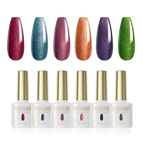 ROSALIND UV Nagellack, 6 Farben Goldglitzer Effekt Rot Blau Hellviolett Dunkelviolett Orange Grün Nagellack Set, UV Gel Nail Polish für Maniküre Nageldesign von ROSALIND