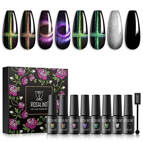 ROSALIND Cat Eye UV Gel Nagellack, Magnetisch Gel Nagellack Soak Off UV LED Gelnägel Set für Nail Art Maniküre Set, Cat Eye Magnetic Gel Nail Polish 8pcs von ROSALIND