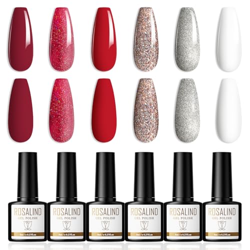 ROSALIND Gel Nagellac Rot Silbrig Glitzer Golden UV Nagellack 6 Farben Shellac Gellack Soak Off UV/LED Nail Polish Geeignet für Heimnagel DIY, Nagelstudio, 8ml von ROSALIND