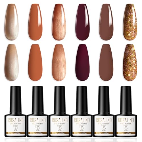 ROSALIND Gel Nagellack 6 Farben Shellac Nagellack Gelb Dunkelbraun UV Nagellack Glitzer Gel Nail Polish Soak Off UV/LED Lacke für Nägel Herbst und Winter Nail Art DIY,8ml von ROSALIND