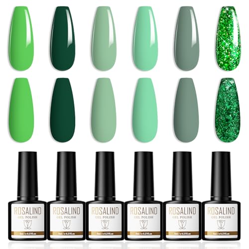 ROSALIND Gel Nagellack Dunkelgrün Hellgrün Glitzer UV Nagellack 6 Farben Shellac Gellack Soak Off UV/LED Nail Polish Set Geeignet für Heimnagel DIY, Nagelstudio von ROSALIND