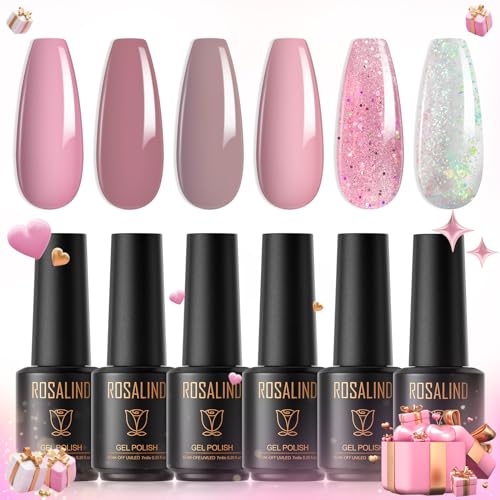 ROSALIND Gel Nagellack Set 6 Farben 7ml Hellrosa Dunkelrosa Glitzer Rosa Shellac Gellack UV Set Gel Nail Polish für Nagel Lack Akt Maniküre Design von ROSALIND