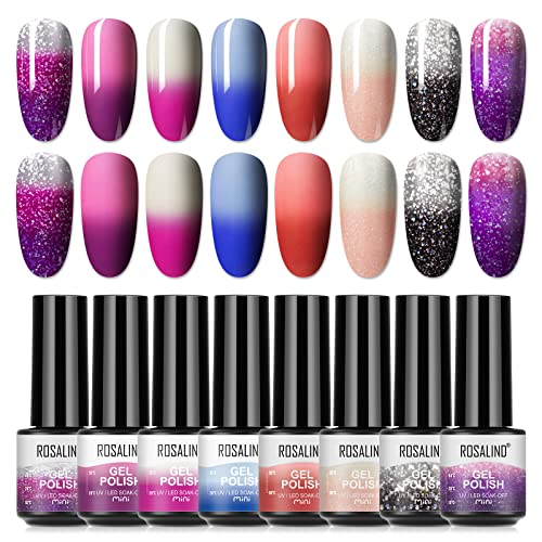 ROSALIND Gel Nagellack Set Thermo Gellack UV Farbwechsel Nagellack Thermo Shellac Gellack Kit Mehrfarbig Ablösbarer Nagelgel Farbgel Gel Nagel Chameleon Gel Polish Set 8 Farben Mini von ROSALIND