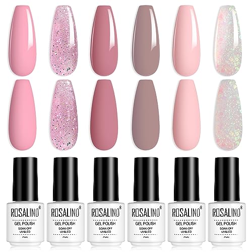 ROSALIND 6 Farben Gel Nagellack, Weiß Rosa Glitzer Pastell Shellac UV LED Nagellack Set Soak Off Gel Nail Polish für Nageldesigns Kit 6pcs, Nagelstudio Design DIY zu Hause von ROSALIND