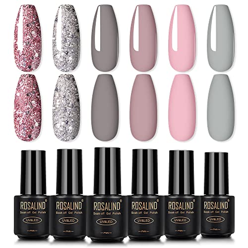 ROSALIND Gel Nagellack UV Set Shellac Pink Farbe Funkeln Nail Art Ablösen Gel Nail Polish Set 6 * 7ml von ROSALIND