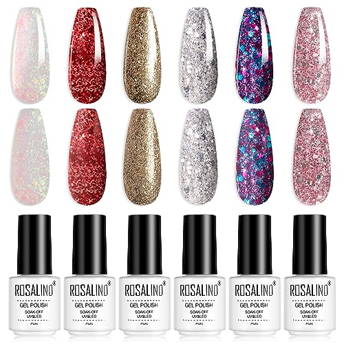 ROSALIND 6 Glitzerfarben Gel Nagellack, Weiß Rot Rosa Violett Silber Farbgel UV LED Nagellack Set Gel Nail Polish für Nageldesigns Nail Art Starter Kit 6pcs von ROSALIND