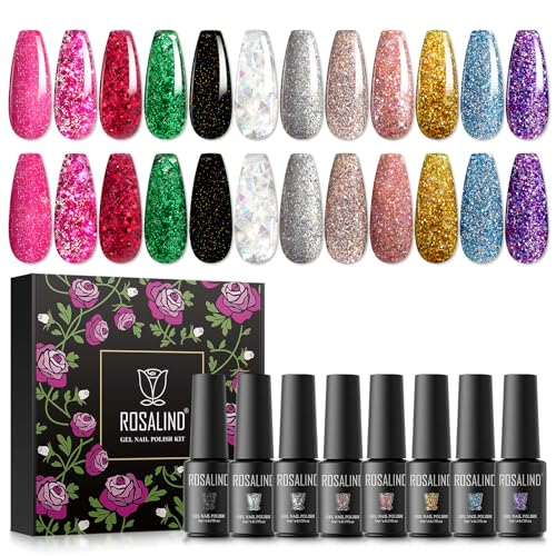 ROSALIND UV Nagellack, 12 Glitzerfarbe Nagellack Schwarz Weiß Rosa Lila Grün Blau Golden Silber, Gel Nagellack Set Soak Off UV LED Gelnägel Set für Nail Art Maniküre Set Gel Nail Polish von ROSALIND