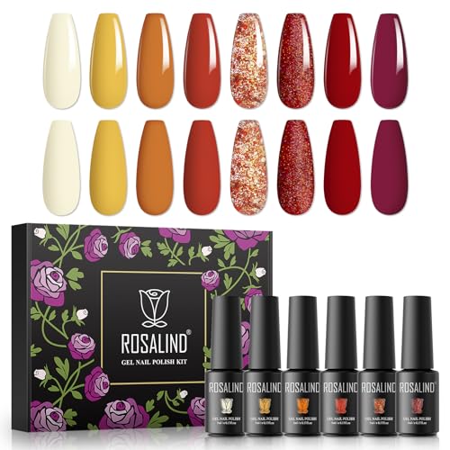 ROSALIND Herbst Farben UV Gel Nagellack Set, 8 Farben Kürbis Gelb Braun Glitter, 5ml Gel Nagellack Soak Off UV LED Gelnägel Set für Nail Art Maniküre-Set DIY Gel Nail Polish 8pcs von ROSALIND