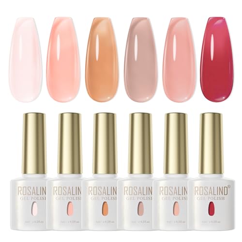 ROSALIND UV Nagellack, 6 Farben Jelly Rot Hellrosa Hellorange Gel Nagellack, UV/LED Soak off Jelly Transparent effekt Gel Nail Polish Set für Nail Art von ROSALIND