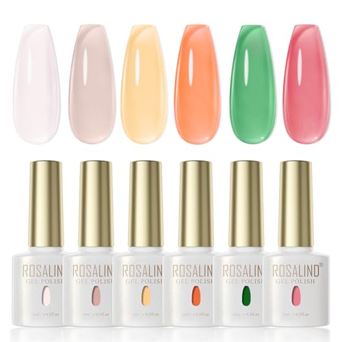 ROSALIND UV Nagellack Jelly, 6 Farben Rot Hellrosa Grün Kaffeefarben Gel Nagellack, UV/LED Soak off Jelly Transparent effekt Gel Nail Polish Set für Anfänger, Profi, Nagelstudio von ROSALIND