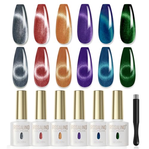 ROSALIND UV Nagellack, 6 Farben Kristall Cat Eye Magnetic Rot Violett Blau Grün Grau Nagellack Set mit Magnet, Cat Eye Gel Nail Polish für Profesionelle Salon & zu Hause DIY von ROSALIND