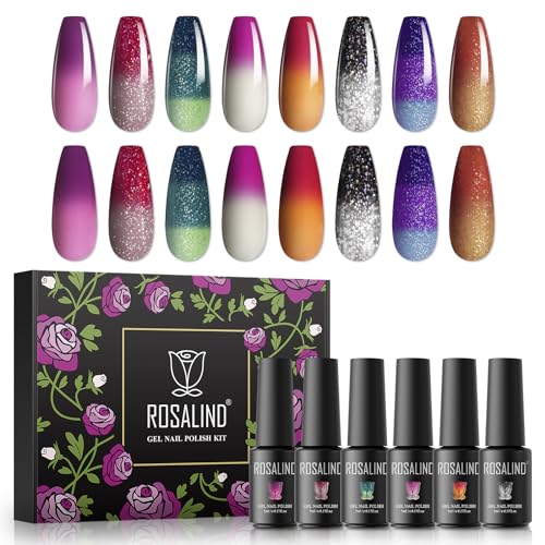 ROSALIND Thermo Farben UV Gel Nagellack Set, 8 Farben Rosa Braun Glitter Blau, 5ml Gel Nagellack Soak Off UV LED Gelnägel Set für Nail Art Maniküre-Set DIY Gel Nail Polish von ROSALIND