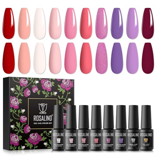 ROSALIND UV Gel Nagellack 12PCS mit Base Coat Top Coat Gel UV, Rosa Lila Roter Nude 10 Farben Gel Nagellack Soak Off UV LED Gelnägel Set für Nail Art Maniküre-Set DIY Gel Nail Polish von ROSALIND