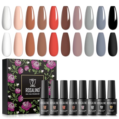 ROSALIND UV Gel Nagellack 12PCS mit Base Coat Top Coat Gel UV, Schwarz Weiß Nude Braun Grau 10 Farben Gel Nagellack Soak Off UV LED Gelnägel Set für Nail Art Maniküre-Set DIY Gel Nail Polish von ROSALIND