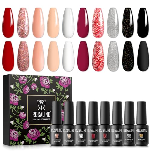 ROSALIND UV Gel Nagellack 12PCS mit Base Coat Top Coat Gel UV, Weiß Nude Schwarz Glitter Rot Silber 10 Farben Gel Nagellack Soak Off UV LED Gelnägel Set für Nail Art Maniküre-Set DIY Gel Nail Polish von ROSALIND