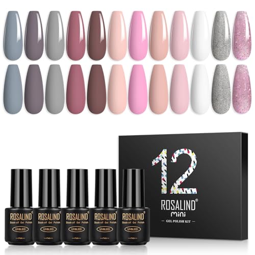 ROSALIND UV Gel Nagellack 12PCS Shellac Gellack Rosa Weiß Grau Braun Glitzer Farben Pastell Hellgrau Farbgel für Gelnägel UV LED Gel Nail Polish Soak Off Varnish Lack 7ML von ROSALIND