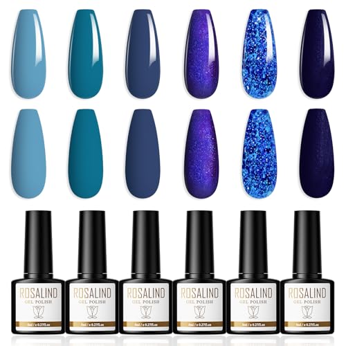 ROSALIND UV Gel Nagellack 6 Farben Shellac Nagellack Dunkelblau Hellblau Glitzer Gellack Soak Off UV/LED Nail Polish Set Geeignet für Heimnagel DIY, Nagelstudio von ROSALIND