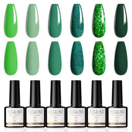 ROSALIND UV Gel Nagellack 6 Farben Shellac Nagellack Dunkelgrün Hellgrün Glitzer Gellack Soak Off UV/LED Nail Polish Set Geeignet für Heimnagel DIY, Nagelstudio von ROSALIND