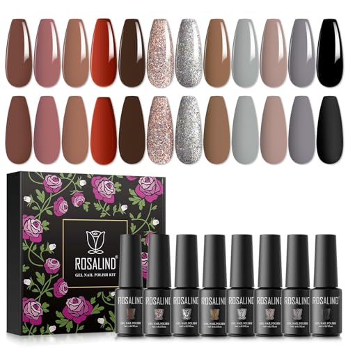 ROSALIND UV Gel Nagellack Set, 12 Farben Schwarz Grau Rot Braun, 5ml Gel Nagellack Soak Off UV LED Gelnägel Set für Nail Art Maniküre-Set DIY Gel Nail Polish 12pcs von ROSALIND