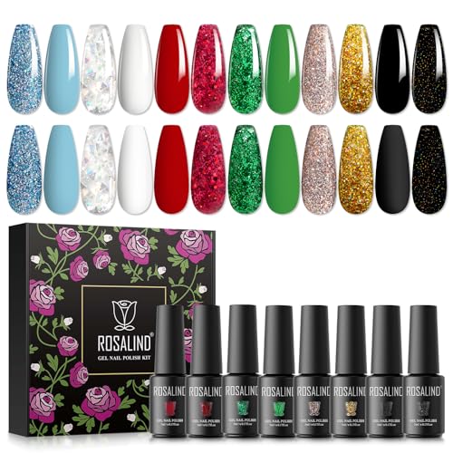 ROSALIND UV Gel Nagellack Set, 12 Farben Schwarz Rot Weiß Grün Blau Glitter Golden, 5ml Gel Nagellack Soak Off UV LED Gelnägel Set für Nail Art Maniküre-Set DIY Gel Nail Polish 12pcs von ROSALIND