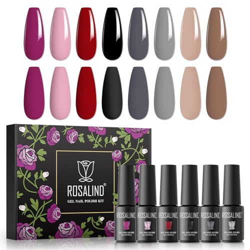 ROSALIND UV Gel Nagellack Set, 8 Farben Nude Rot Schwarz Rosa Grau Braun, 5ml Gel Nagellack Soak Off UV LED Gelnägel Set für Nail Art Maniküre-Set DIY Gel Nail Polish 8pcs von ROSALIND