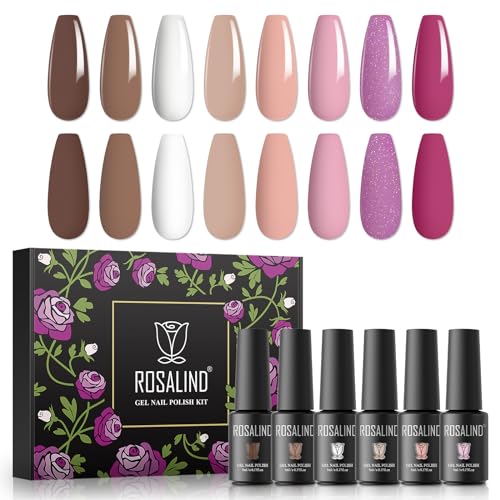 ROSALIND UV Gel Nagellack Set, 8 Farben Nude Weiß Braun Rosa Lila Glitter, 5ml Gel Nagellack Soak Off UV LED Gelnägel Set für Nail Art Maniküre-Set DIY Gel Nail Polish 8pcs von ROSALIND