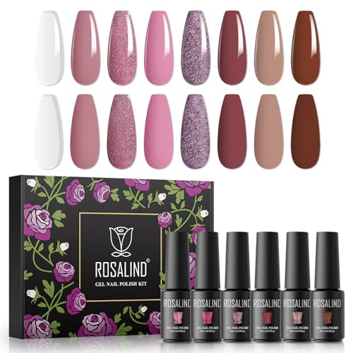 ROSALIND UV Gel Nagellack Set, 8 Farben Rosa Braun Glitzer, 5ml Gel Nagellack Soak Off UV LED Gelnägel Set für Nail Art Maniküre-Set DIY Gel Nail Polish 8pcs von ROSALIND