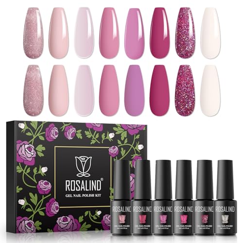 ROSALIND Gel Nagellack, 8 Farben Rosa Farben Glitzer UV Nagellack, 5ml Shellac Soak Off UV LED Gelnägel Set für Nail Art Maniküre-Set DIY Gel Nail Polish 8pcs von ROSALIND