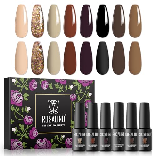 ROSALIND UV Gel Nagellack Set, 8 Farben Schwarz Braun Nude Golden, 5ml Gel Nagellack Soak Off UV LED Gelnägel Set für Nail Art Maniküre-Set DIY Gel Nail Polish 8pcs von ROSALIND