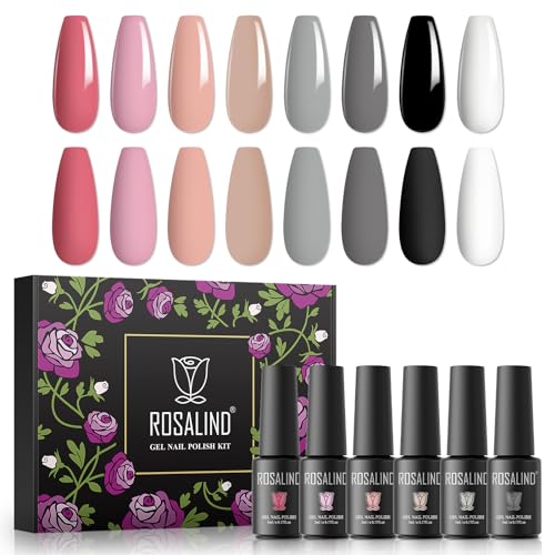 ROSALIND UV Gel Nagellack Set, 8 Farben Schwarz Weiß Nude Rosa Grau, 5ml Gel Nagellack Soak Off UV LED Gelnägel Set für Nail Art Maniküre-Set DIY Gel Nail Polish 8pcs von ROSALIND