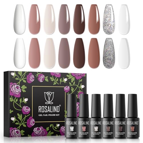 ROSALIND UV Gel Nagellack Set, 8 Farben Weiß Nude Braun Glitter, 5ml Gel Nagellack Soak Off UV LED Gelnägel Set für Nail Art Maniküre-Set DIY Gel Nail Polish 8pcs von ROSALIND