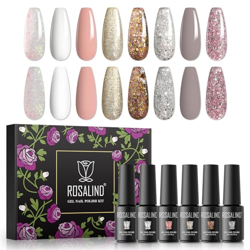 ROSALIND UV Gel Nagellack Set, 8 Farben Weiß Nude Braun Glitter Rosa Goldenes Silber, 5ml Gel Nagellack Soak Off UV LED Gelnägel Set für Nail Art Maniküre-Set DIY Gel Nail Polish 8pcs von ROSALIND