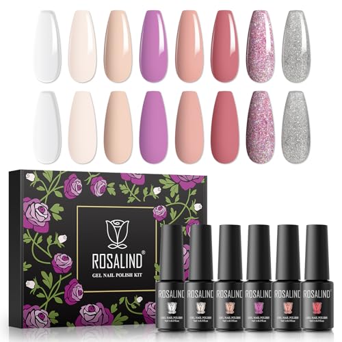 ROSALIND UV Gel Nagellack Set, 8 Farben Weiß Nude Rosa Glitter, 5ml Gel Nagellack Soak Off UV LED Gelnägel Set für Nail Art Maniküre-Set DIY Gel Nail Polish 8pcs von ROSALIND