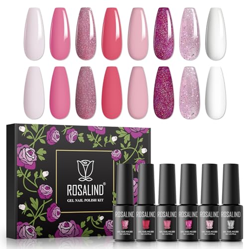 ROSALIND UV Nagellack, Gel Nagellack 8 Farben Weiß Pink Glitzer, Soak Off UV LED Gelnägel Set für Nail Art Maniküre-Set DIY, 5ml Gel Nail Polish 8pcs von ROSALIND