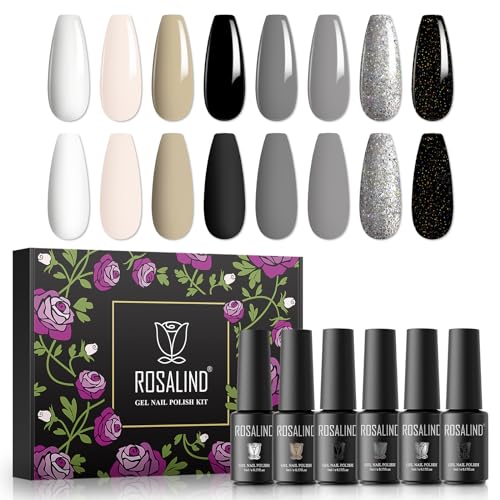 ROSALIND UV Gel Nagellack Set, 8 Farben Weiß Schwarz Grau Glitter, 5ml Gel Nagellack Soak Off UV LED Gelnägel Set für Nail Art Maniküre-Set DIY Gel Nail Polish 8pcs von ROSALIND