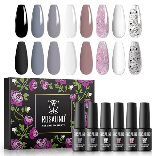 ROSALIND UV Gel Nagellack Set, 8 Farben Weiß Schwarz Grau Rosa Glitter, 5ml Gel Nagellack Soak Off UV LED Gelnägel Set für Nail Art Maniküre-Set DIY Gel Nail Polish 8pcs von ROSALIND