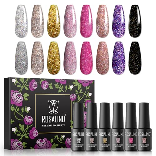 ROSALIND UV Gel Nagellack Set, Glitter Farben Schwarz Rosa Lila Golden Silver, 5ml Gel Nagellack Soak Off UV LED Gelnägel Set für Nail Art Maniküre-Set DIY Gel Nail Polish 8pcs von ROSALIND