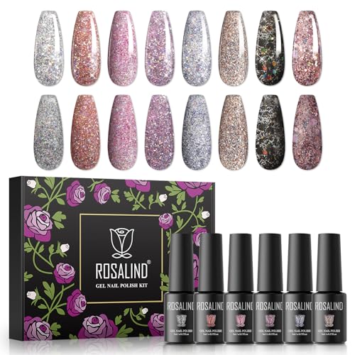 ROSALIND UV Gel Nagellack Set, Glitter Farben Schwarz Rot Rosa Lila Braun Silber, 5ml Gel Nagellack Soak Off UV LED Gelnägel Set für Nail Art Maniküre-Set DIY Gel Nail Polish 8pcs von ROSALIND