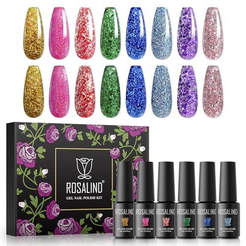 ROSALIND UV Gel Nagellack Set, Glitzer Farben Rot Rosa Lila Blau Grün Golden Silber, 5ml Gel Nagellack Soak Off UV LED Gelnägel Set für Nail Art Maniküre-Set DIY Gel Nail Polish 8pcs von ROSALIND