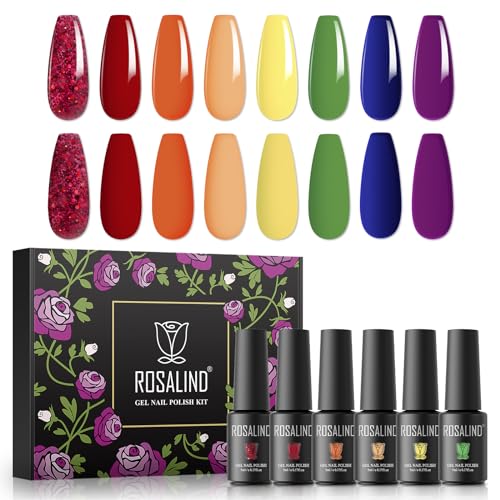 ROSALIND UV Gel Nagellack Set, Sommer Farben Rot Gelb Grün Blau Lila Glitter Rot, 5ml Gel Nagellack Soak Off UV LED Gelnägel Set für Nail Art Maniküre-Set DIY Gel Nail Polish 8pcs von ROSALIND