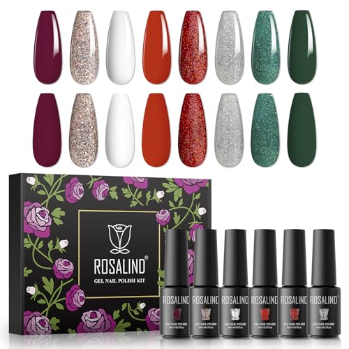 ROSALIND UV Gel Nagellack Set, Weihnachtsfarben Farben Rot Weiß Grün Glitter Rot Golden Silber, 5ml Gel Nagellack Soak Off UV LED Gelnägel Set für Nail Art Maniküre-Set DIY Gel Nail Polish 8pcs von ROSALIND