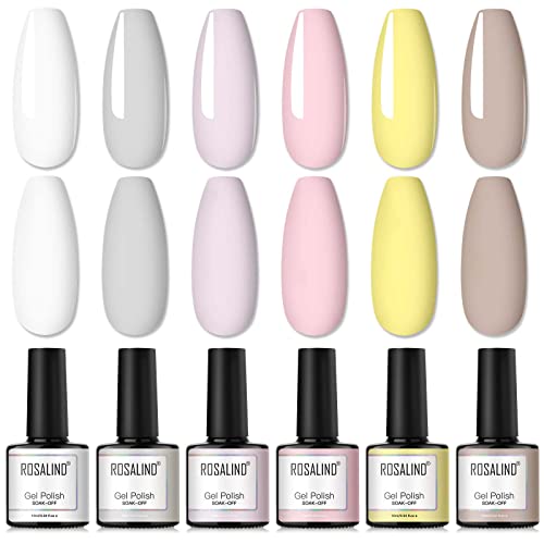 ROSALIND UV Nagellack Weiß Hellgrau Nude Farben Shellac Pink Set, 10ml UV Nagellack Set Hellbraun Rosa Gelb Gel Farbe für Nägel 6 Farben Soak Off Gel Nail Polish von ROSALIND