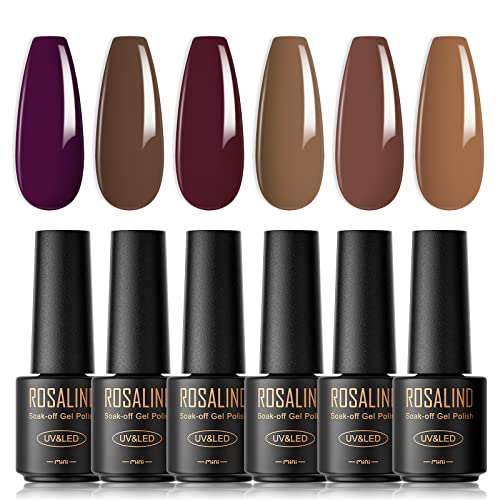 ROSALIND UV Nagellack, 6 Farben Mini Gel Nagellack, UV Nagellack Set Braun Dunkellila Shellac Soak Off Nail Polish French Manicure für Frauen Mutter Geschenkset DIY zu Hause von ROSALIND