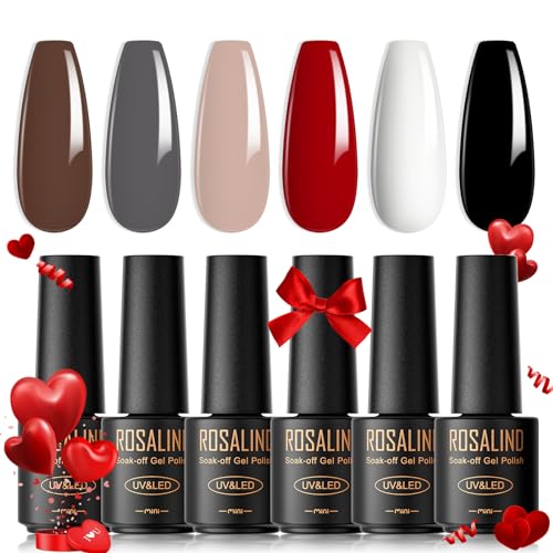 ROSALIND UV Nagellack, 6 Farben Mini Gel Nagellack, UV Nagellack Set Braun Nackt Rot Weiß Schwarz Shellac Soak Off Nail Polish French Manicure für Frauen Mutter Geschenkset DIY zu Hause von ROSALIND