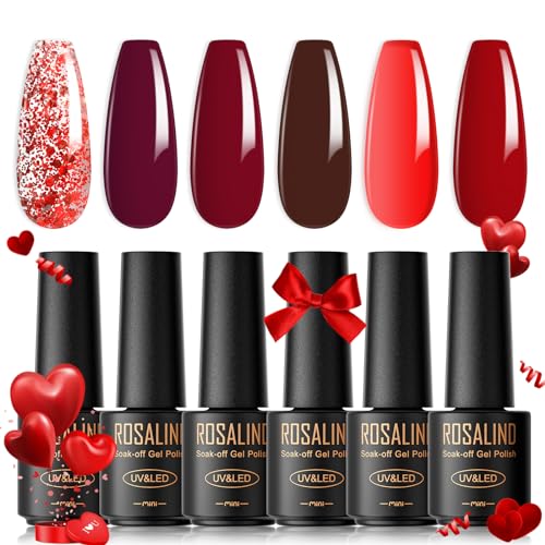 ROSALIND UV Nagellack Rot, 6 Farben Mini Gel Nagellack, UV Set Glitzer Rot Burgunder Dunkel Soak Off Nail Polish French Manicure für Frauen Mutter Geschenkset DIY zu Hause von ROSALIND