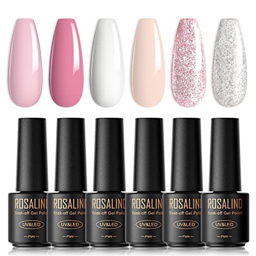 ROSALIND UV Nagellack, 6 Farben Mini Gel Nagellack, UV Nagellack Set Hellrosa Weiß Glitzer Rosa Silber Shellac Soak Off Nail Polish French Manicure für Frauen Mutter Geschenkset DIY zu Hause von ROSALIND