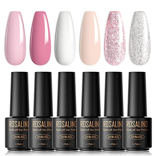 ROSALIND UV Nagellack Jelly, 6 Farben Mini Gel Nagellack Set Hellrosa Weiß Glitzer Rosa Silber Soak für Gelnägel Off UV Gel Nail Polish French Manicure Für UV Lampe von ROSALIND