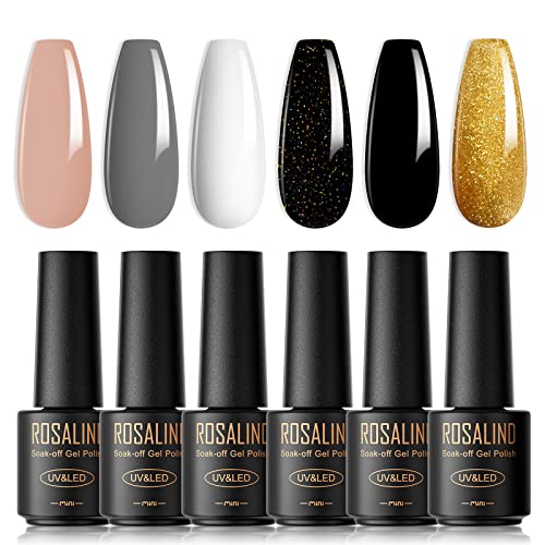 ROSALIND UV Nagellack, 6 Farben Mini Gel Nagellack, UV Nagellack Set Nackt Grau Weiß Gold Shellac Soak Off Nail Polish French Manicure für Frauen Mutter Geschenkset DIY zu Hause von ROSALIND