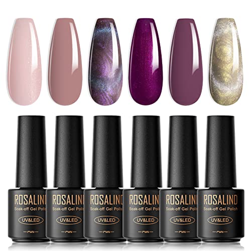 ROSALIND UV Nagellack, 6 Farben Mini Cat Eye Nagellack, UV Set Nackt Hellrosa Glitzer Soak Off Nail Polish French Manicure für Frauen Mutter Geschenkset DIY zu Hause von ROSALIND