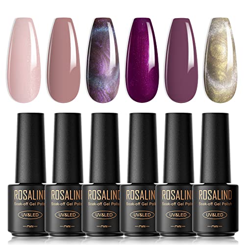 ROSALIND UV Nagellack, 6 Farben Mini Cat Eye Nagellack, UV Nagellack Set Nackt Hellrosa Glitzer Shellac Soak Off Nail Polish French Manicure für Frauen Mutter Geschenkset DIY zu Hause von ROSALIND